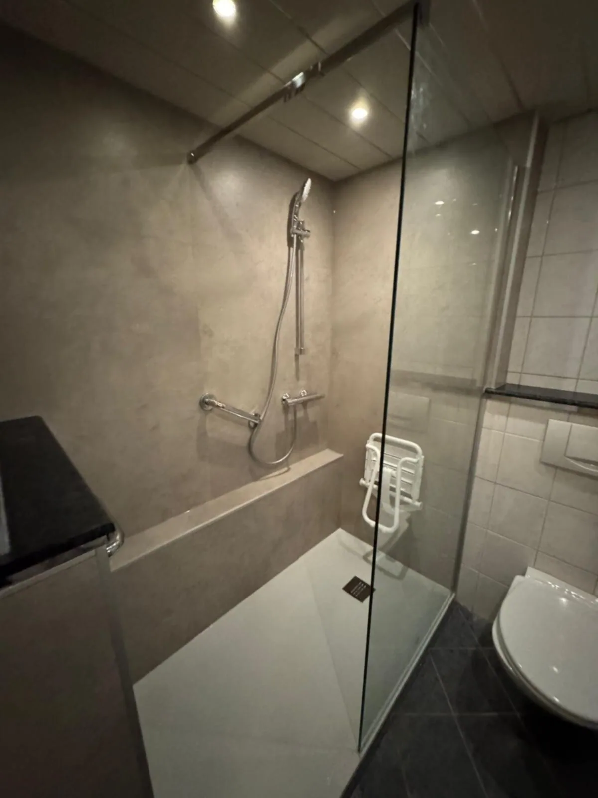 Inloopdouche met betonlook wandpanelen, glazen wand, douchezitje, steunbeugel en hangtoilet